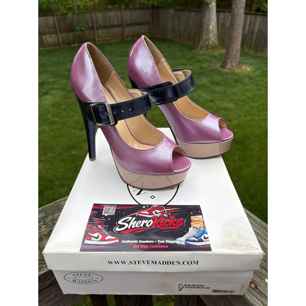 Steve Madden Saassi Lavender Metallic Peep Toe Platform Mary Jane Heels Navy 7